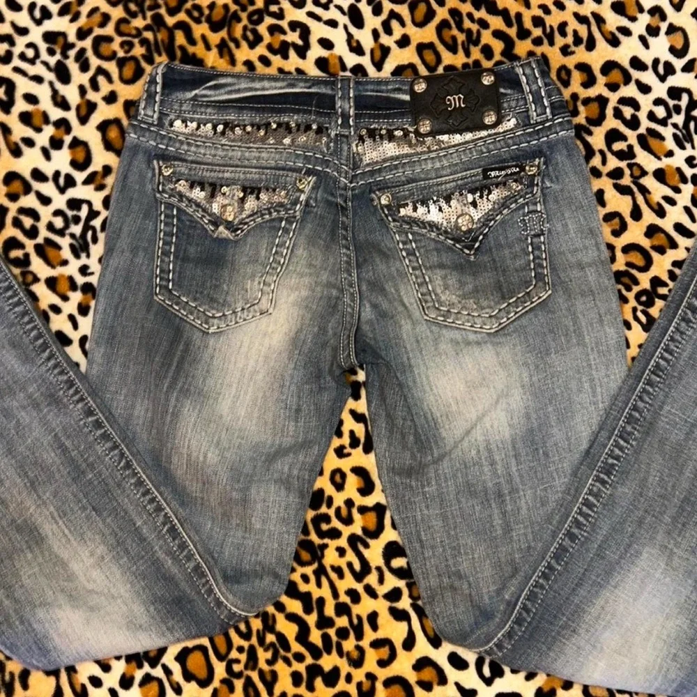 Y2K Miss Me Mcbling Sequin Embellished Low Rise Bootcut Denim Jeans - Picture 5 of 8